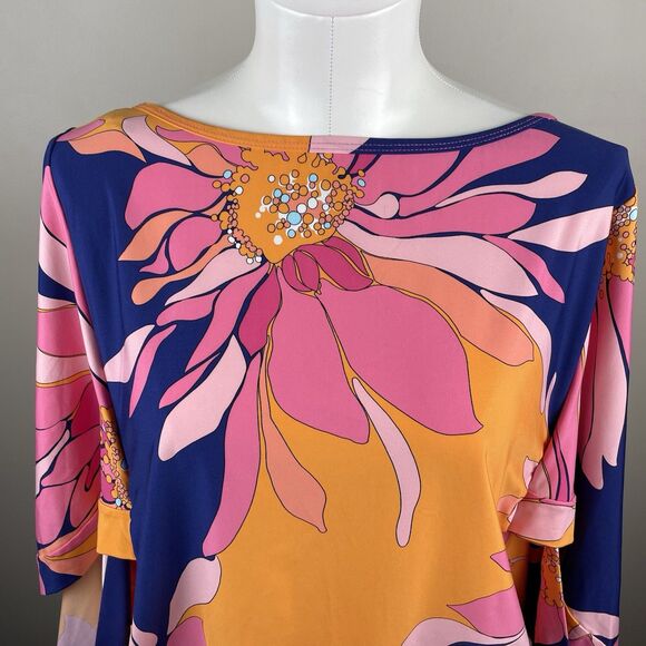 Trina Turk M Breeze Floral Swimsuit Jersey Cover Up Retro Caftan Tunic Dress - Picture 3 of 12